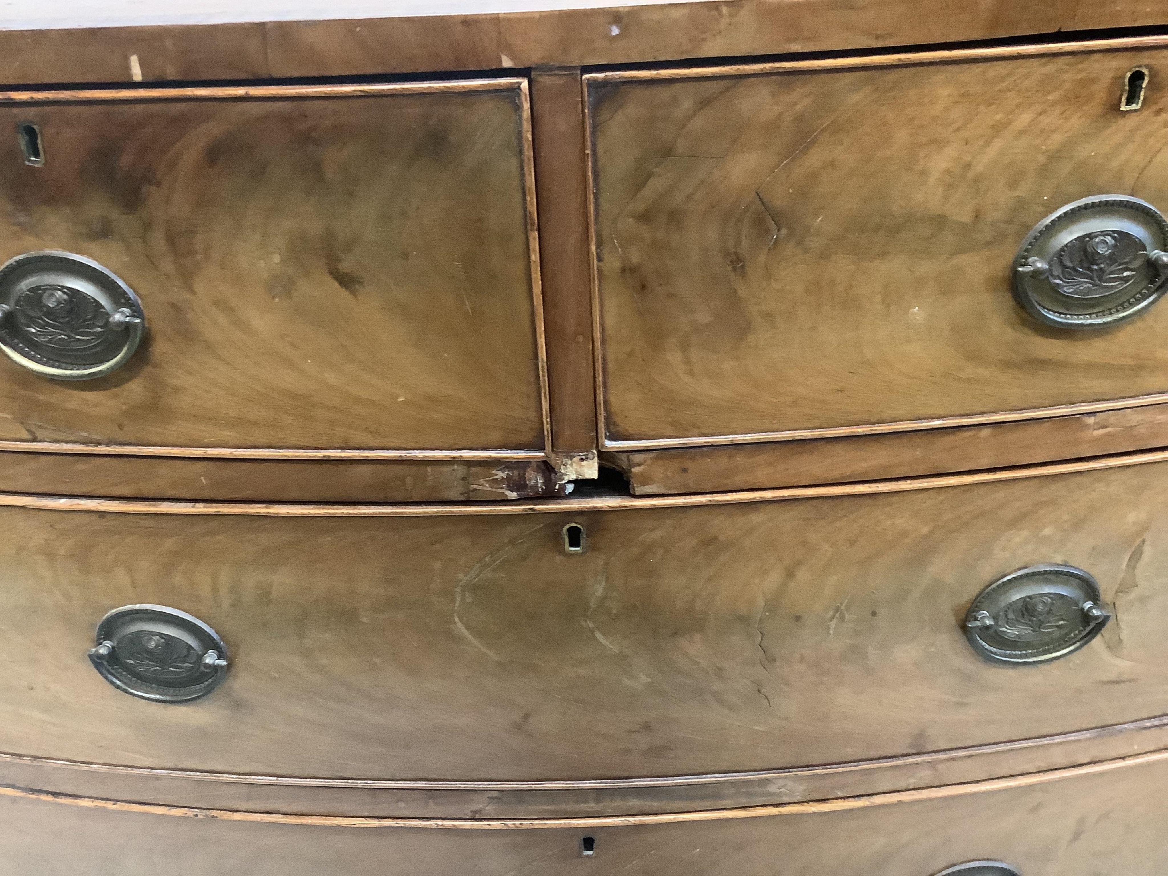 A Regency mahogany bowfront chest of drawers, width 98cm, depth 50cm, height 85cm. Condition - fair